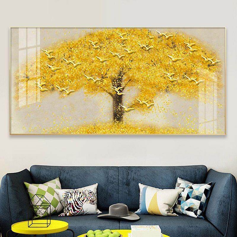 黄金大道招财客厅装饰画现代简约沙发背景墙画挂画三联发财树壁画