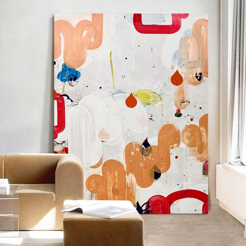 客厅玄关手绘油画装饰画抽象色块网红泼墨现代简约超大幅涂鸦挂画图片