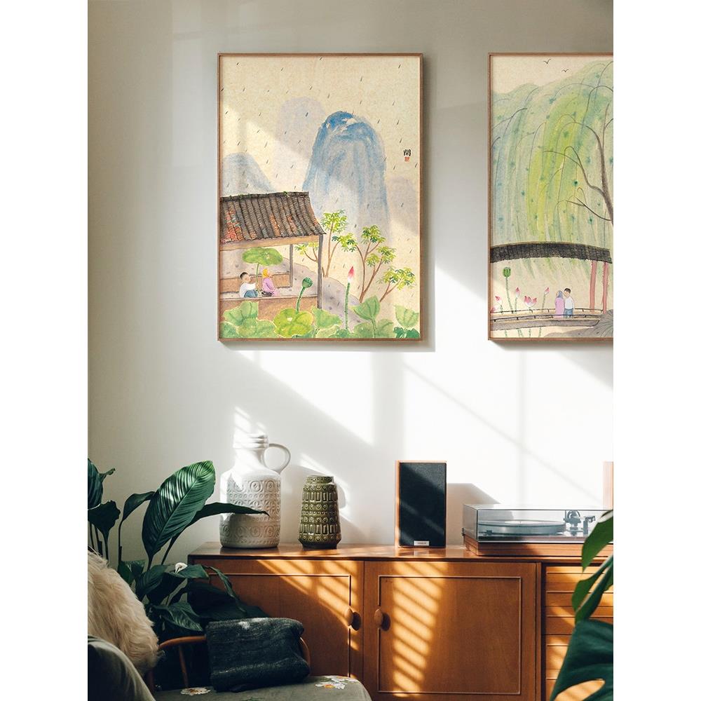 新中式客厅沙发背景墙壁画三联夏闲日系简约清新茶室餐厅挂画