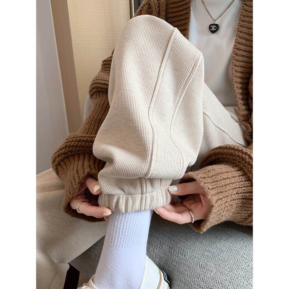 束脚运动裤女春秋宽松显瘦米色裤子高腰针织休闲裤秋冬加绒卫裤