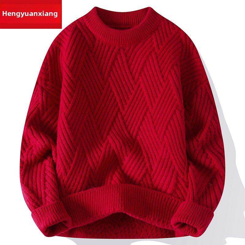 恒源祥男士冬季毛衣超厚保暖宽松红色提花圆领加厚针织打底羊毛衫