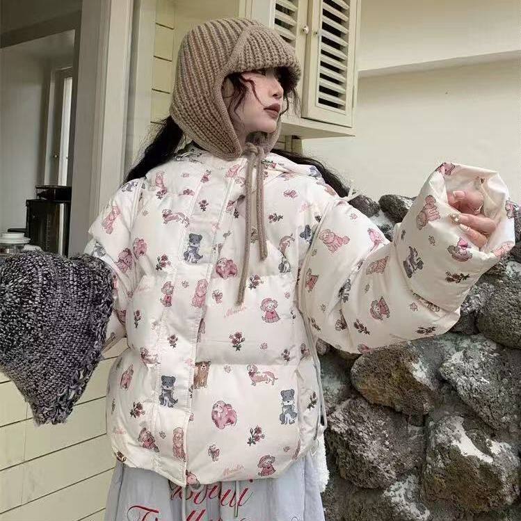 韩系Chic短款满印连帽棉服女冬季新款复古百搭甜美面包服外套