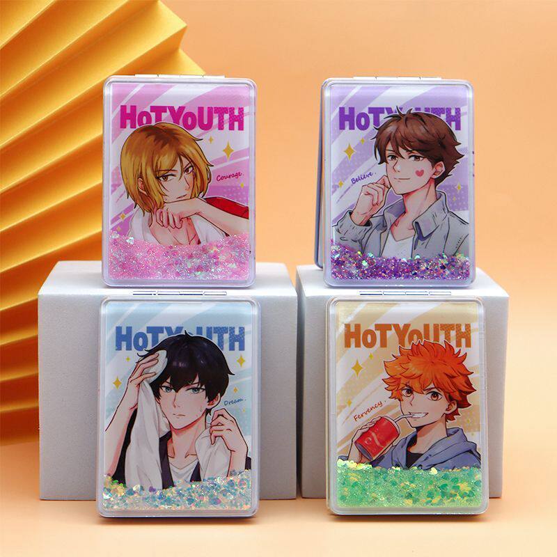 漫画少年便携折叠流沙随身镜可放大便携式化妆镜排球镜子女生外出