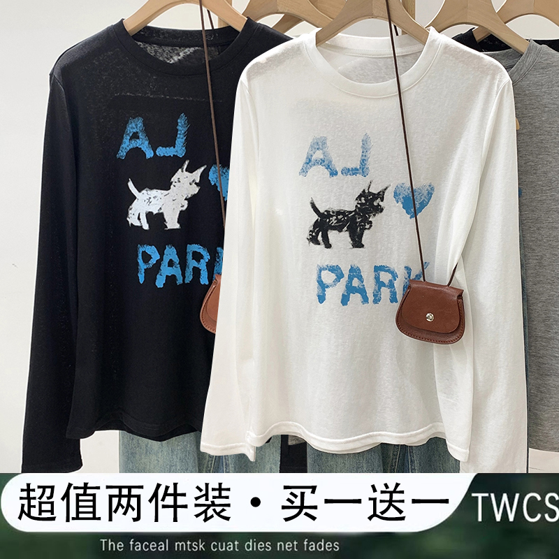 美式设计感猫咪字母印花白色长袖T恤女夏季薄款外搭宽松罩衫上衣