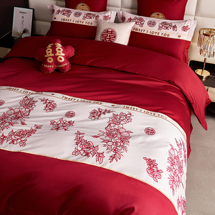 中式 花卉婚庆四件组1o00支新疆长绒棉红色被套纯棉结婚房牀上用品
