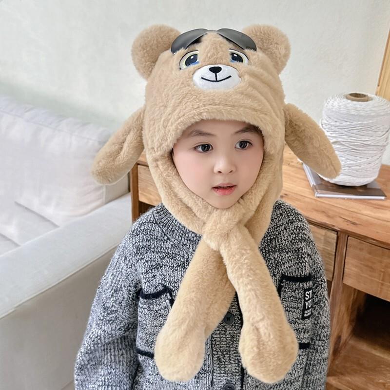 女童冬天帽子围巾一体男童保暖护耳帽儿童耳朵会动加厚毛绒帽围脖