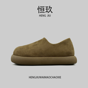 欧美时尚男女冬季加绒一脚蹬百搭棉鞋小众户外厚底增高休闲勃肯鞋