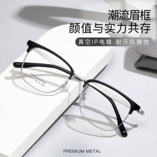 痞帅型男商务休闲合金眉毛架眼镜框真空IP电镀不夹脸可配镜丹阳批