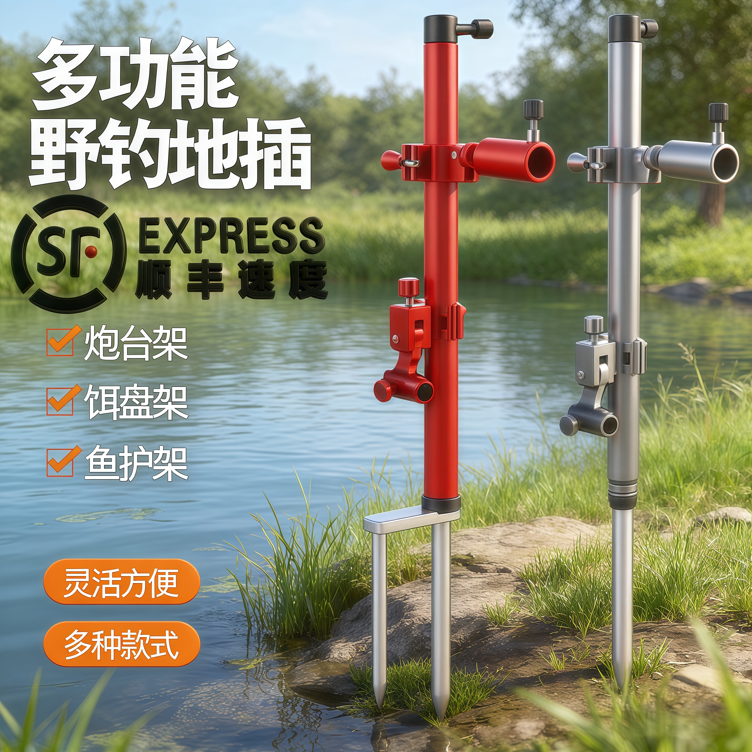 欧式支架钓椅配件大全钓椅炮台地插万向双炮台鱼护饵盘架伞架灯架