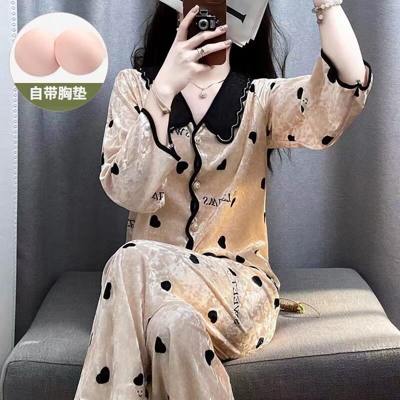 高档钻石丝绒睡衣女秋冬季长袖
