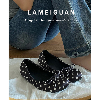 甜美波点黑色蝴蝶结圆头芭蕾舞鞋