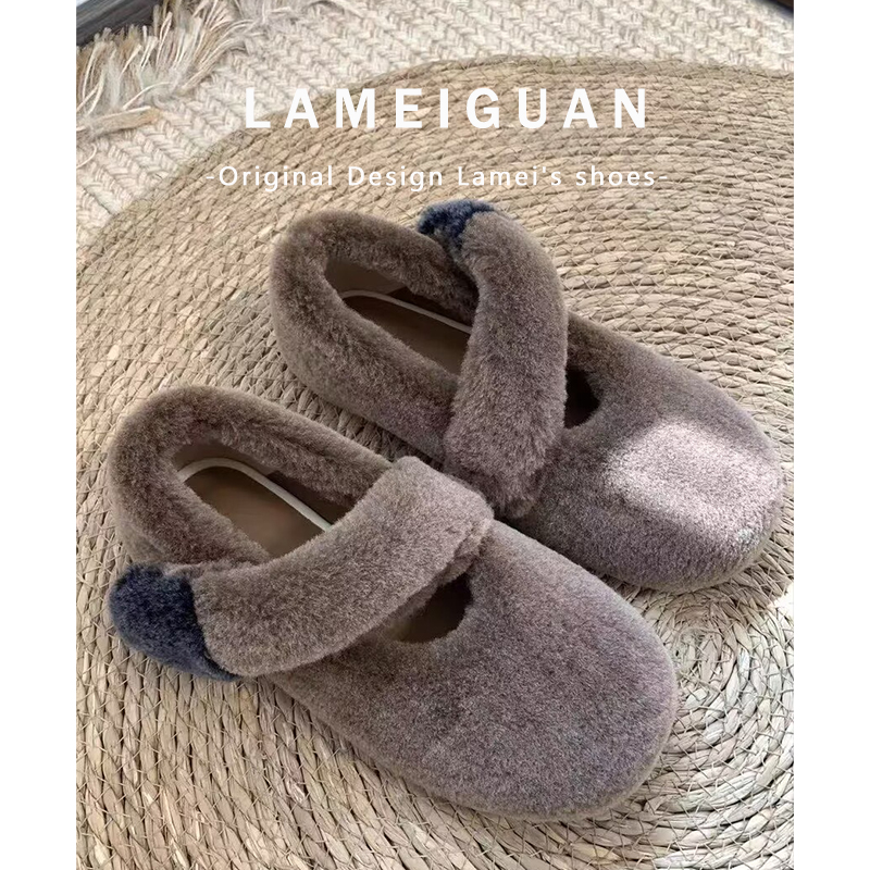 小众复古水貂毛魔术贴厚底玛丽珍