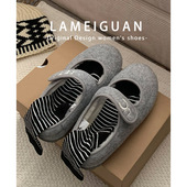 保暖加绒平底玛丽珍棉单鞋 灰色真皮厚底毛毛鞋 女秋冬外穿2025新款