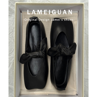 复古方头蝴蝶结玛丽珍鞋女2026春季新款黑色气质绝美浅口平底单鞋