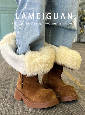 欧美大筒围显瘦堆堆长筒靴女冬季复古棕色加绒毛毛厚底粗跟雪地靴
