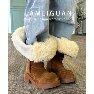 欧美大筒围显瘦堆堆长筒靴女冬季复古棕色加绒毛毛厚底粗跟雪地靴