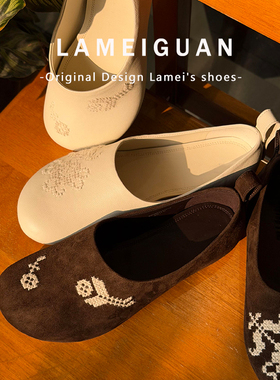 牛皮版！复古设计感刺绣乐福鞋豆豆鞋女2025新款真皮平底深口单鞋