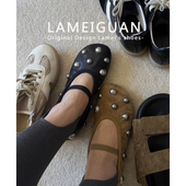 新款 复古铆钉波点圆头芭蕾舞单鞋 女2026春季 卡其色浅口平底玛丽珍