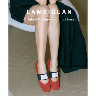 红色浅口平底玛丽珍鞋 女2025新款 漆皮方头松紧带芭蕾单鞋 明星同款