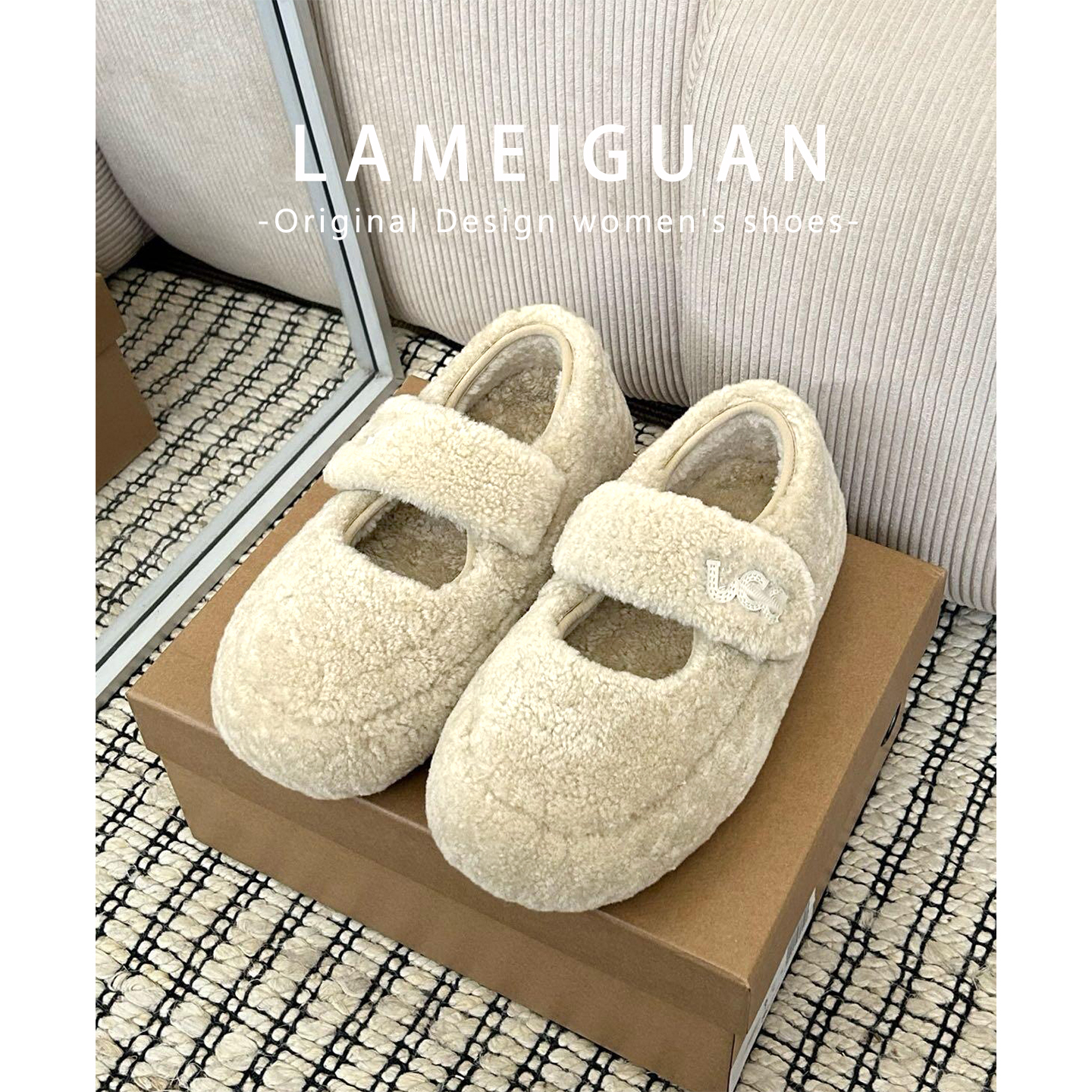 复古魔术贴加绒平底豆豆棉鞋秋冬