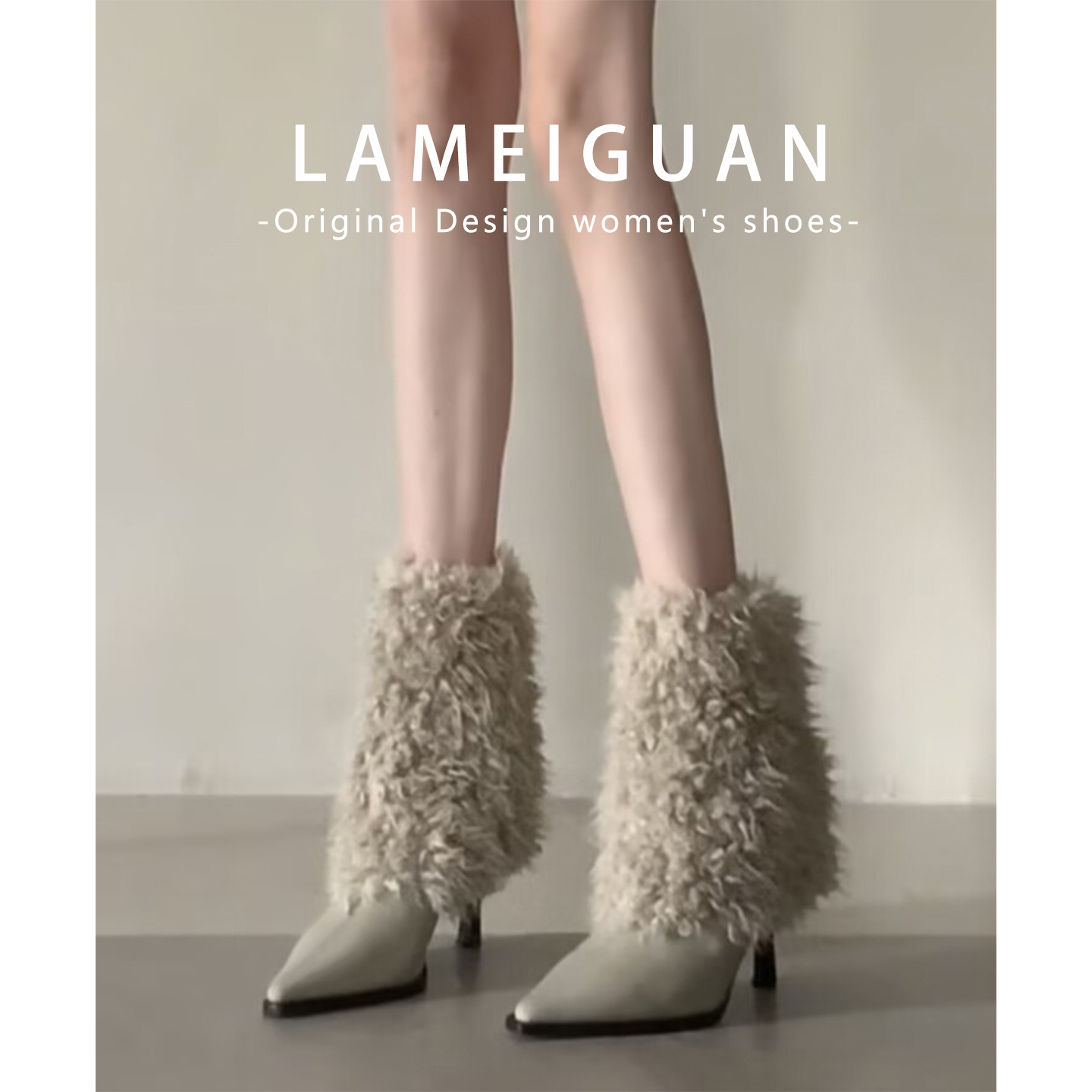 性感尖头短筒毛毛高跟靴子女2025秋冬新款沙色复古细跟加绒骑士靴