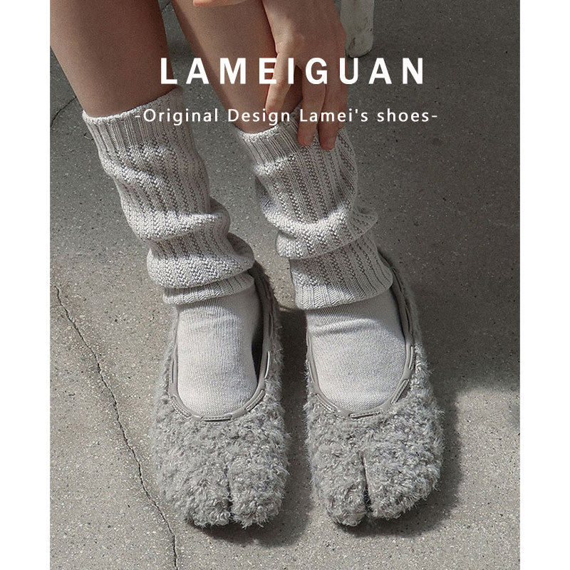 法式束带羊羔毛毛分趾鞋女秋冬款