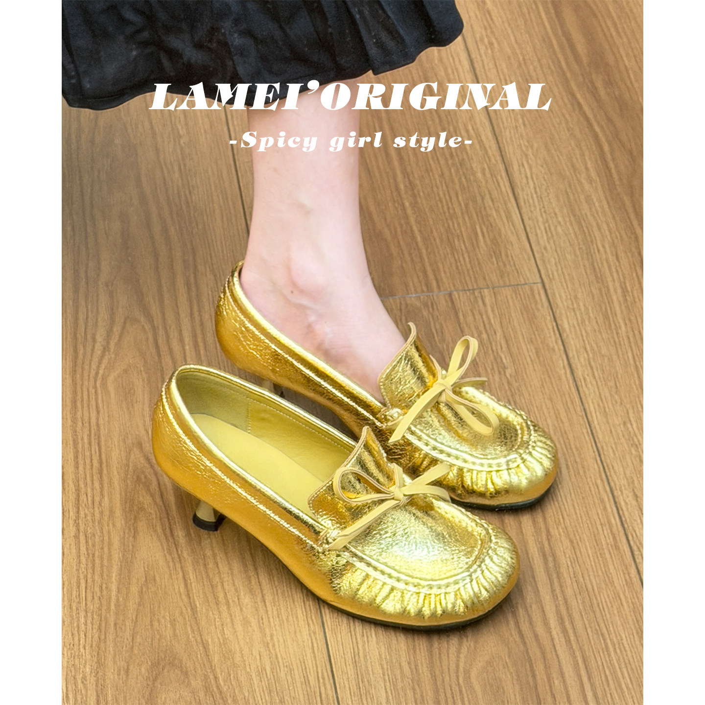 复古蝴蝶结褶皱圆头高跟乐福鞋女2026春季新款英伦风浅口细跟单鞋