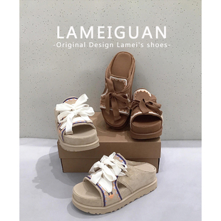 复古刺绣绑带厚底罗马凉鞋女夏外穿2026新款棕色增高海边沙滩拖鞋