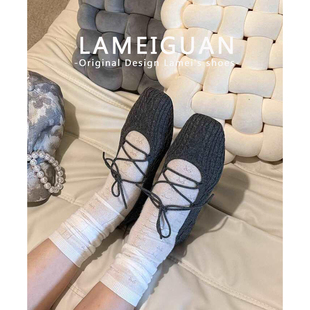 复古针织纹理方头芭蕾舞单鞋女2026新款灰色浅口平底绑带玛丽珍鞋