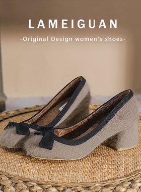 法式蝴蝶结小香风粗跟毛毛单鞋女2025秋冬新款紫色加绒浅口高跟鞋