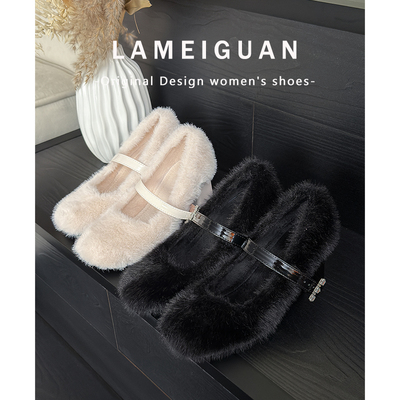 法式奶白色方头粗跟玛丽珍棉鞋女