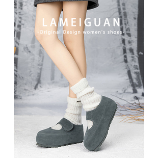 灰色魔术贴增高厚底玛丽珍毛毛鞋女2025冬季新款加绒保暖雪地棉鞋
