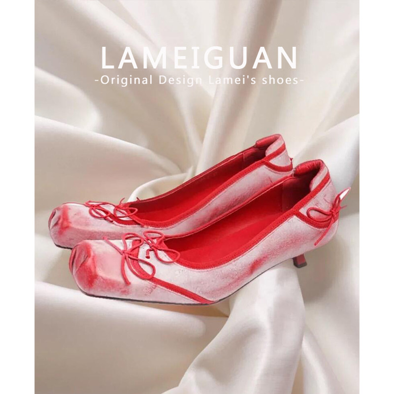 性感方头蝴蝶结细跟新娘鞋婚鞋女春2026新款粉色气质浅口高跟单鞋