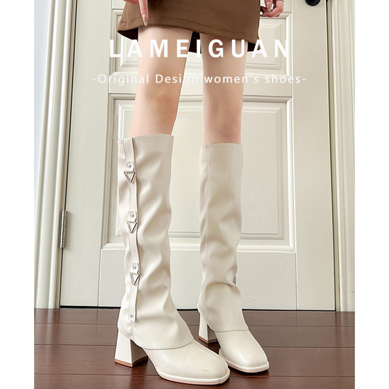 辣妹套筒可拆卸粗跟长筒靴女2025秋冬新款白色圆头高跟短筒马丁靴
