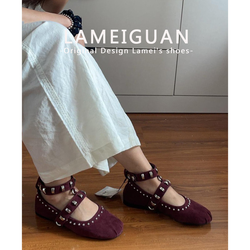 复古铆钉圆头芭蕾玛丽珍鞋女春2026新款红色气质法式浅口平底单鞋,女鞋,玛丽珍鞋,淘宝优惠券,粉丝福利购,淘宝优惠卷