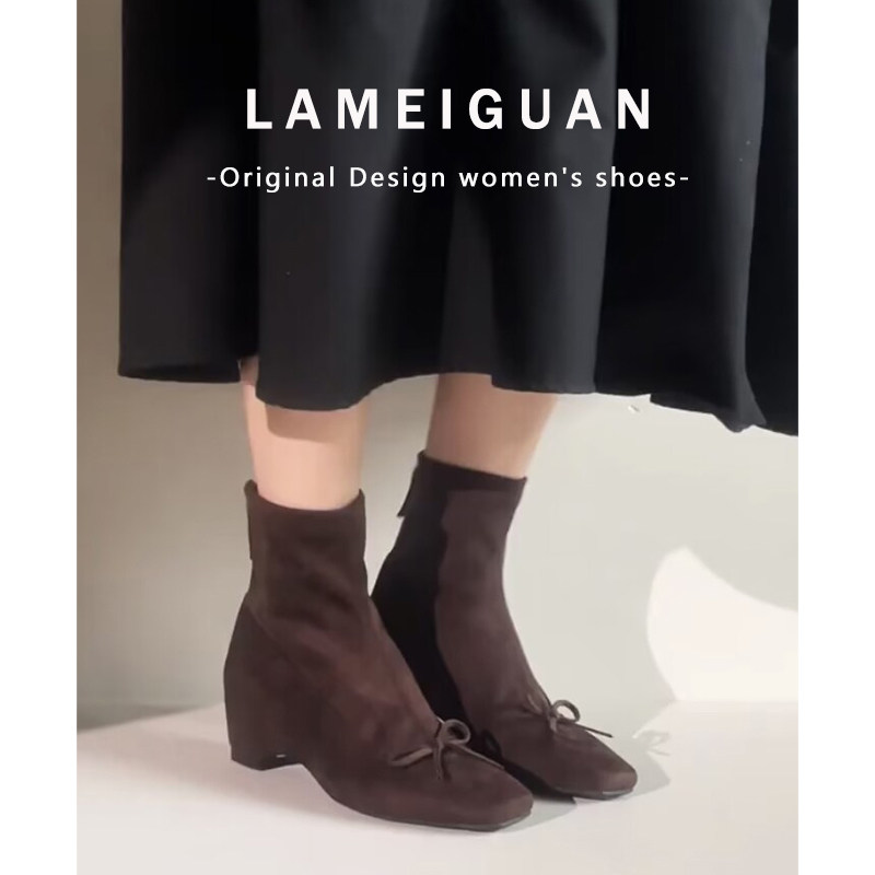 复古棕色蝴蝶结中筒粗跟袜靴女2025秋冬新款高级感方头短筒高跟靴