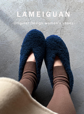 羊毛版！气质保暖平底芭蕾毛毛鞋女冬2025新款蓝色复古加绒棉单鞋