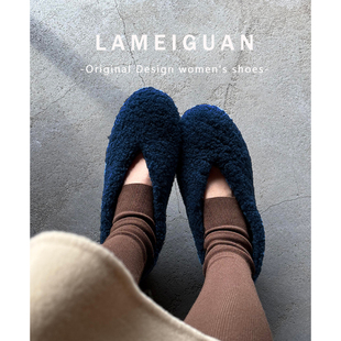 蓝色复古加绒棉单鞋 女冬2025新款 气质保暖平底芭蕾毛毛鞋 羊毛版