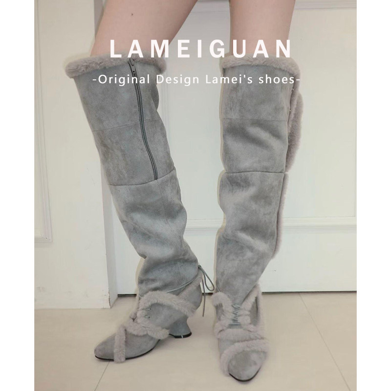 灰色复古加绒尖头坡跟长筒堆堆靴