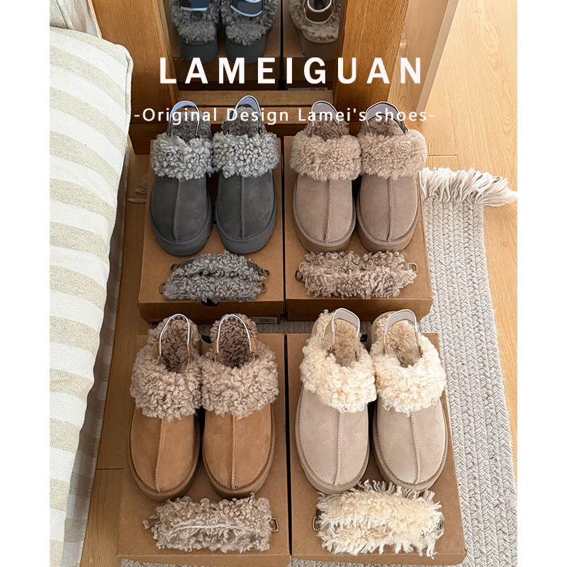 牛皮版！复古加绒后绊带厚底包头拖鞋女冬外穿2025新款真皮毛毛鞋