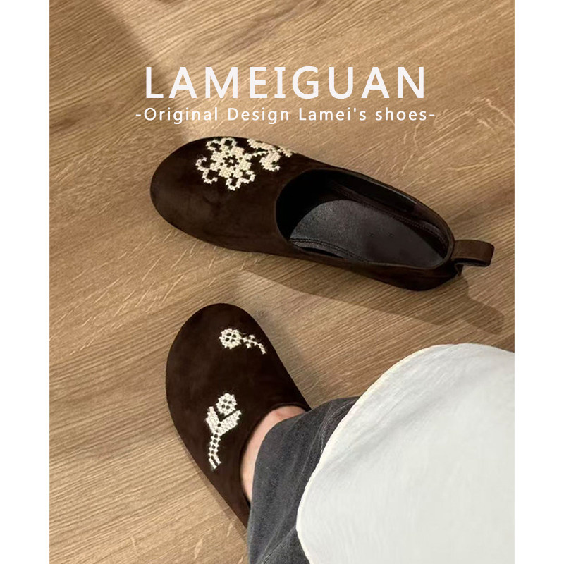 小众设计感绣花圆头乐福豆豆鞋女春2026新款棕色复古深口平底单鞋,女鞋,浅口单鞋,淘宝优惠券,粉丝福利购,淘宝优惠卷