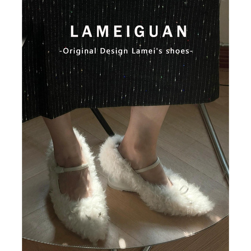 复古尖头蝴蝶结异型高跟玛丽珍毛毛鞋女2025新款白色浅口加绒单鞋