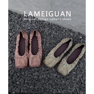 法式方头缎面蝴蝶结芭蕾舞玛丽珍鞋女春2026新款绿色浅口平底单鞋