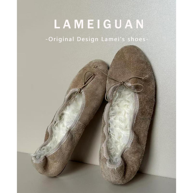 法式蝴蝶结加绒芭蕾舞鞋女外穿2025秋冬新款杏色复古浅口毛毛单鞋