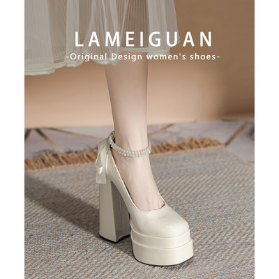 法式白色仙女玛丽珍高跟鞋粗跟