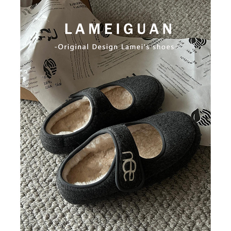 法式羊羔毛魔术贴浅口豆豆棉鞋女