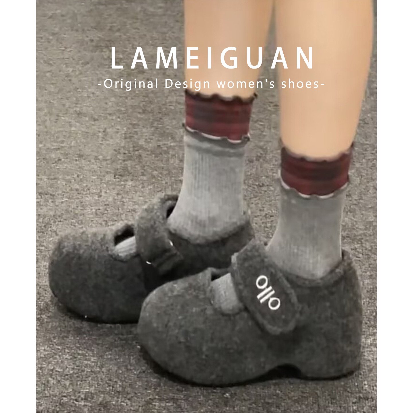 呢子厚底魔术贴玛丽珍毛毛鞋外穿
