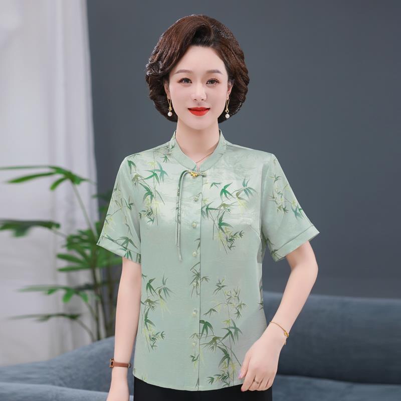 中老年女装夏装真丝短袖衬衫妈妈装时尚中袖奶奶洋气桑蚕丝上衣女