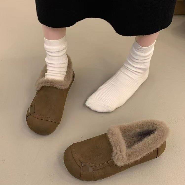 平底加绒保暖复古豆豆鞋2025秋冬季新款外穿防滑休闲一脚蹬棉鞋女