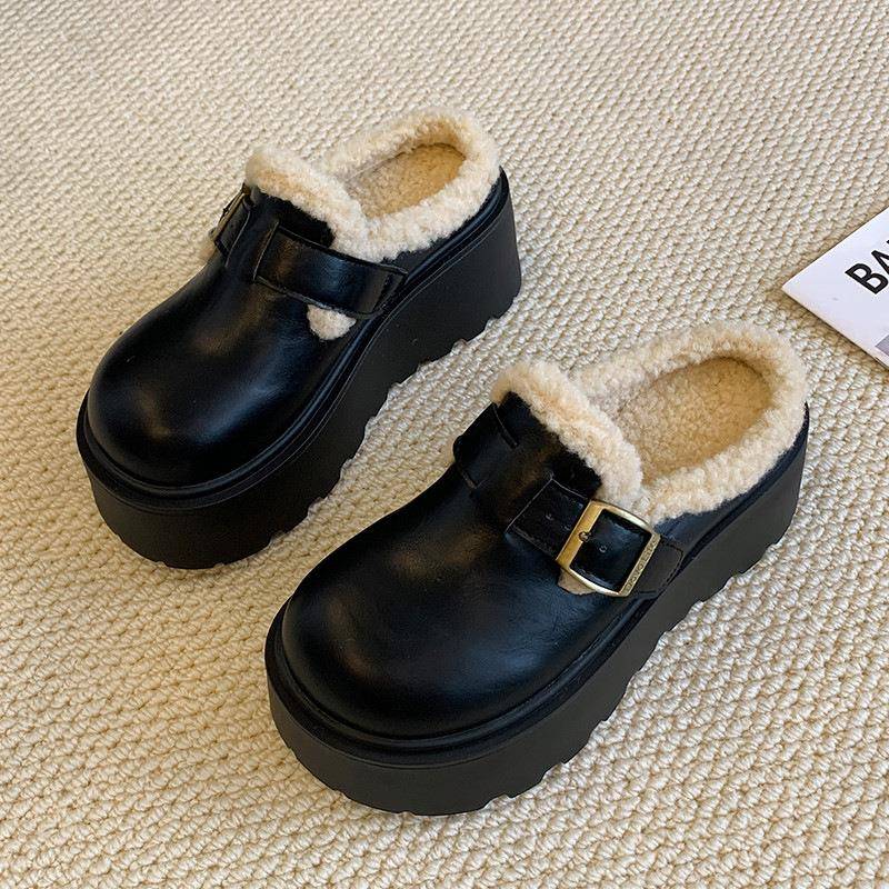 厚底软皮勃肯拖鞋女2025年冬季新款保暖加绒一脚蹬懒人包头半拖鞋